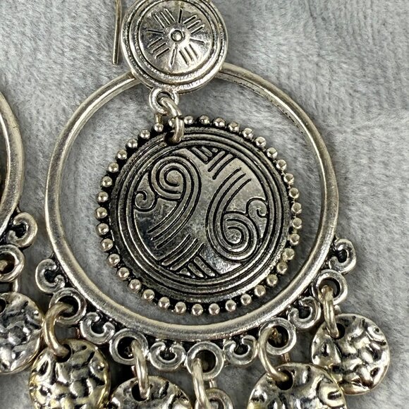 Boho Style Silver-Tone Chandelier Earrings Tribal Engraved Discs Teardrop Charms - Picture 10 of 16